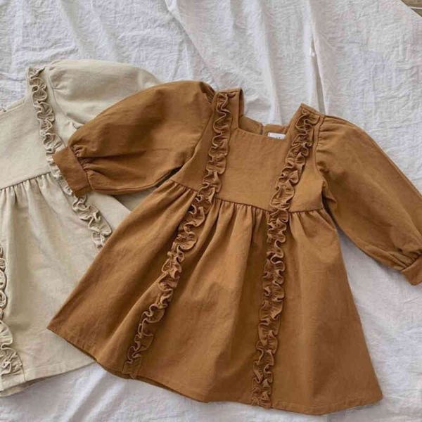 

korean japan style toddler kids princess dress spring baby girls casual linen cotton long sleeve retro 210429, Red;yellow