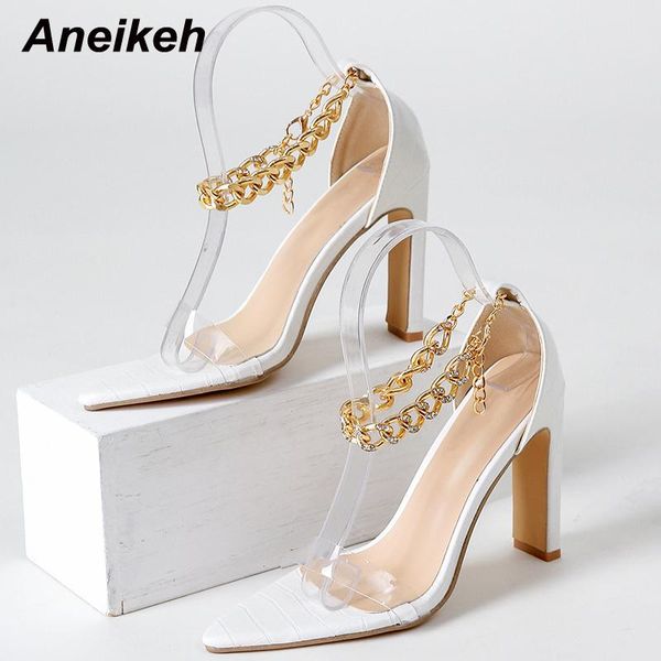 

sandals aneikeh fashion pvc shallow women's high 2021 pointed toe festive crystal chain shoes summer buckle strap sandalias, Black