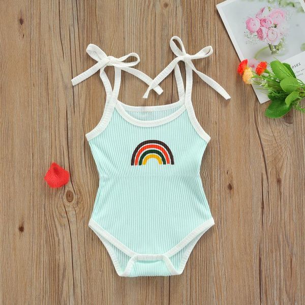 

jumpsuits baby camisole romper with elastic waist, rainbow pattern print cool casual style summer girl clothes, Blue