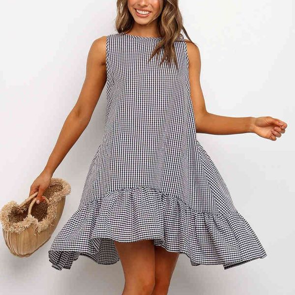 Casual Sommer Boho Kleid Plaid O Neck Off Schulter Sommerkleid Lose Plus Größe Rüschen Frauen Strand Kleid 210518