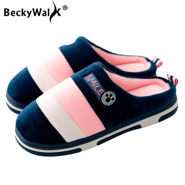 

slippers beckywalk women winter warm fur men cotton lovers home indoor striped house shoes woman wsh3130, Black