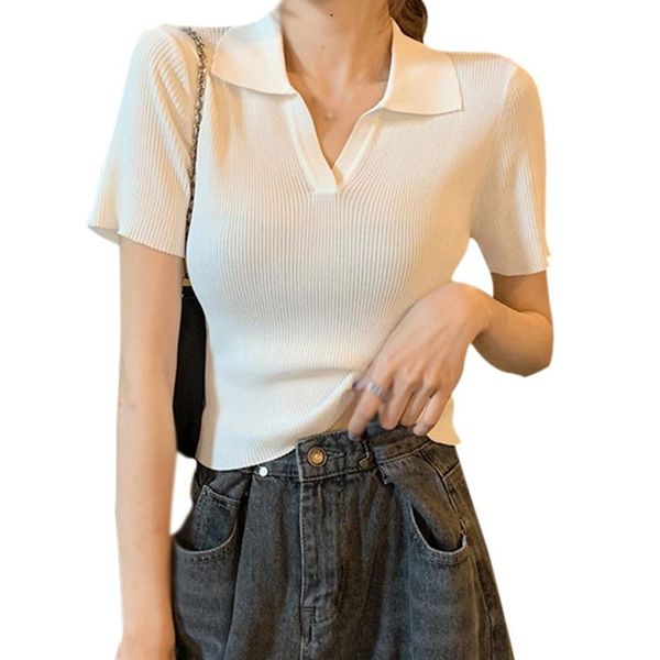 

women's t-shirt efinny summer turn-down collar knitted woment-shirts casual korean fashion thin short sleeve black/green/gray/white