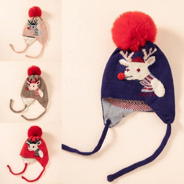 

caps & hats drop 6-48 months knitted ear protection baby hat autumn winter plush ball christmas elk print born for festival, Yellow