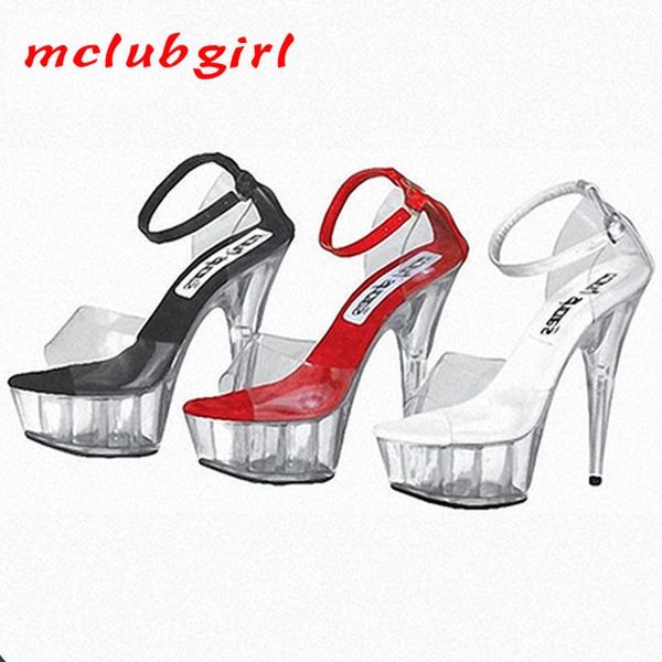

mclubgirl 15cm heels fish mouth thick bottom night bag and transparent crystal wedding party with super high lyp sandals, Black