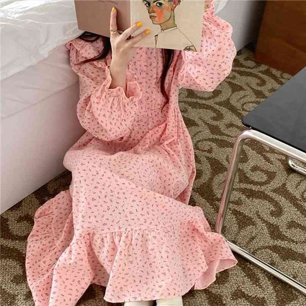 

100% cotton gauze nightgown women sleepwear long sleeve ruffles pink dress homewear korean cute nightwear home vestidos autumn l461, Black;red
