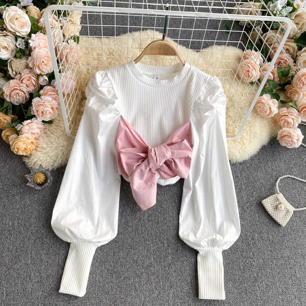 

girls o neck puff long sleeve bow tshirts women sweet & tees bandage patchwork slim wild t-shirts fashion retro clothes 210610, White
