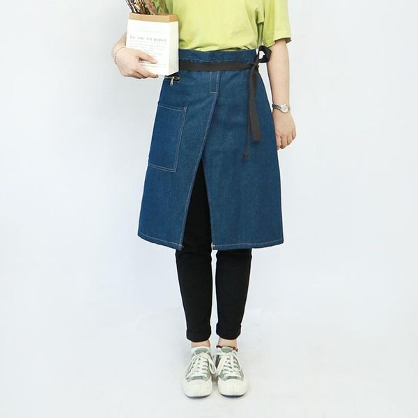 

aprons blue half restaurant waitress kitchen chef apron denim short waist bar household cleaning tool pockets
