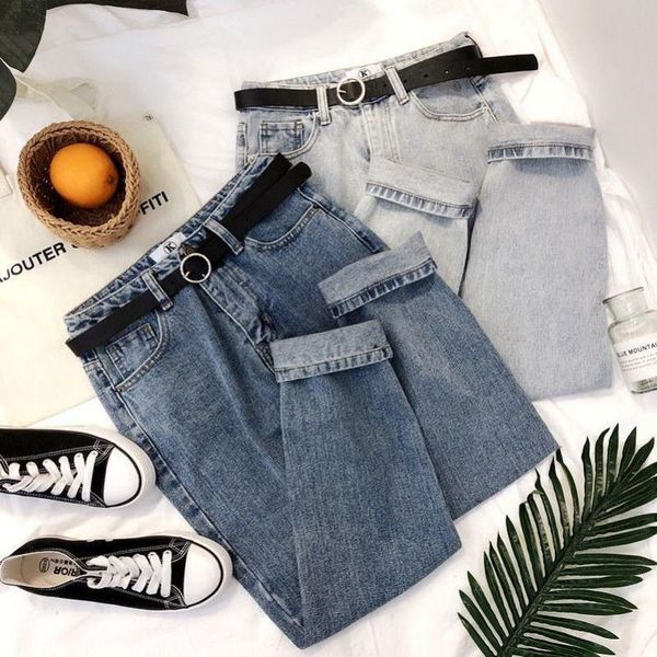 

vintage high waist jeans women solid straight pants loose casual street denim trousers plus size with belt women's, Blue