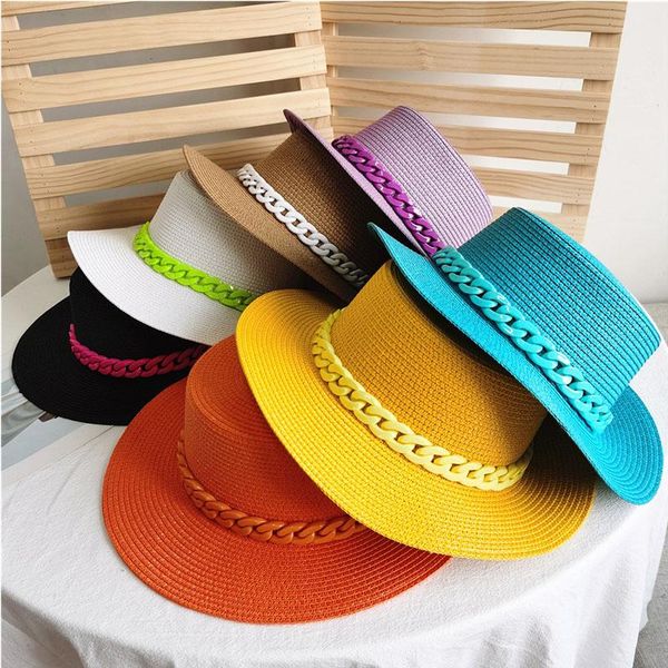 

wide brim hats panama 2021 fashion women's summer chain decoration sun protection cap female flat beach hat straw, Blue;gray