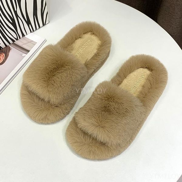 

slippers women faux fur slides furry flip flops slip on flats casual ladies house plush home cozy warm shoes indoor ytmtloy, Black