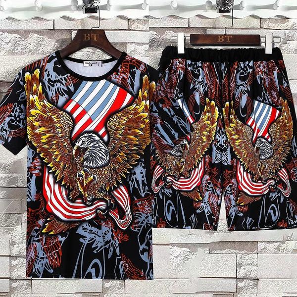 

men's t-shirts hawaiian shirts sets men brand quick-drying floral + printed beach shorts two-piece male short sleeve tracksuit mens sui, White;black