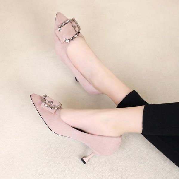 

dress shoes pointed suede women's 2021 wild metal decorative bow sweet single fashion temperament stilettos, Black