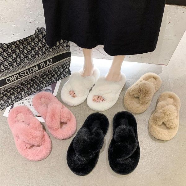 

ladies fuzzy slippers trend cross band pink girls flat shoes house bedroom warm plush women fur, Black