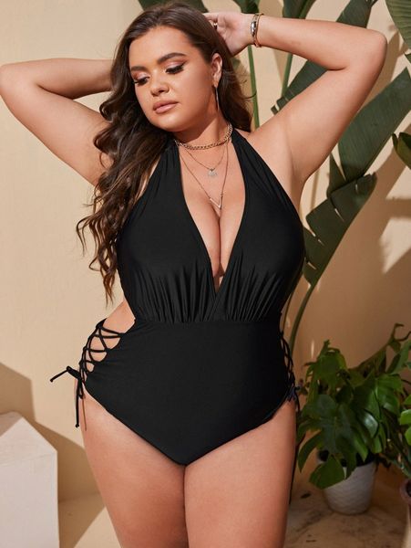 

plus cut-out lace up one piece swimsuit a0pl#, Black
