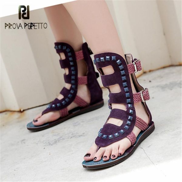 

prova perfetto purple suede rivets studded women sandals summer beach shoes flip flops hollow out weave flat sandalia feminina, Black