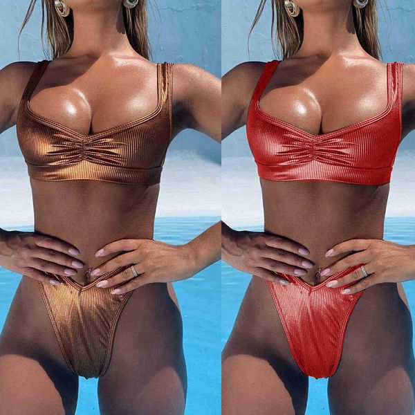 

women's swimwear shiny pit fabric bikini split swimsuit 2039, White;black
