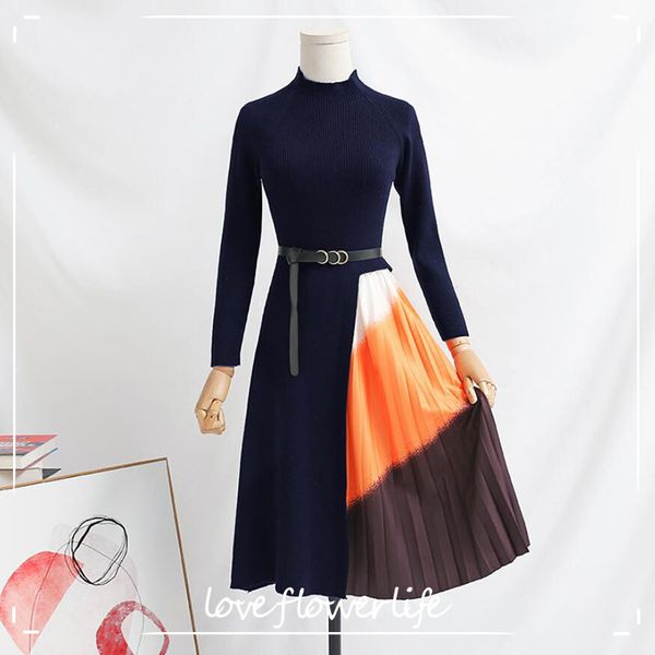 

warm women knit sweater dresses autumn winter a line knitted dress bandage pleated party long dress 210521, Black;gray