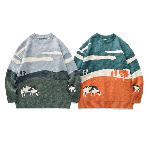 

men's sweaters japanese harajuku literary cartoon cow print sweater korean couple casual pullover mens o-neck vintage winter knitwear, White;black