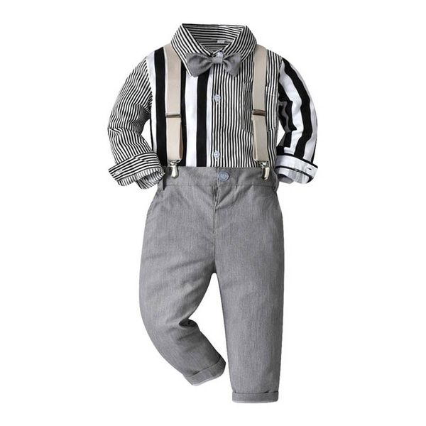 

boys clothing sets kids suits children outfit baby clothes long sleeve bow tie striped shirts suspenders trousers pants 2pcs gentleman b7273, White