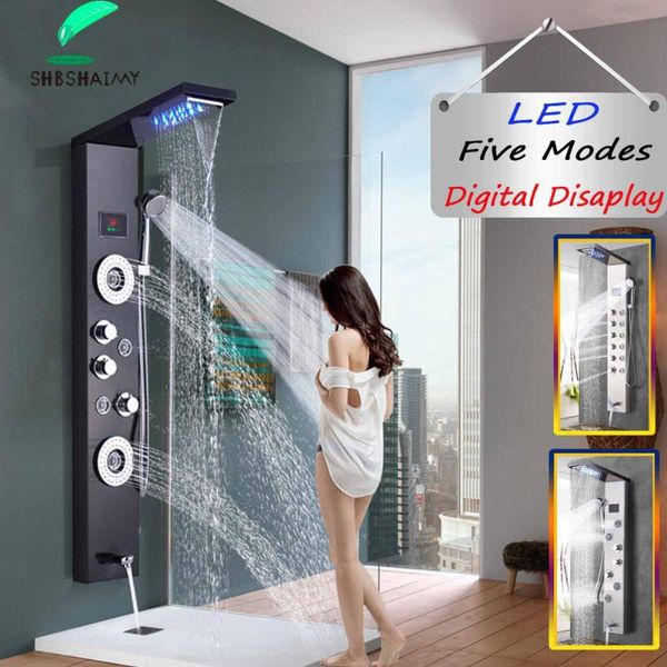 

detachable rain waterfall led shower panel wall mounted with digital display and cold mixersblack/brushed bathroom sets