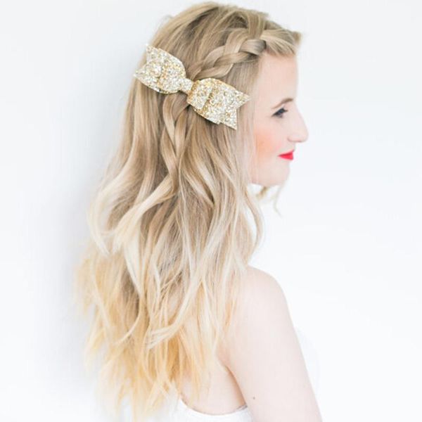 

hair accessories pale gold glitter bow clip for girl and women barrettes sequin girls pin luxury hairpin, Slivery;white