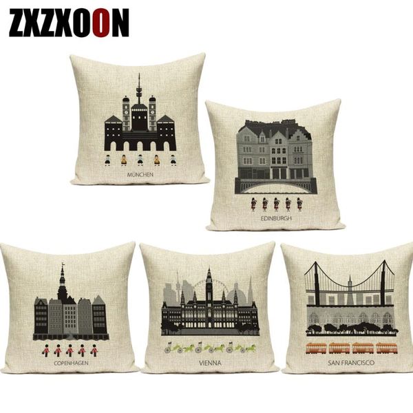

black white cotton linen european architecture decorative pillows cushion cover for sofa home living room decoration cojines cushion/decorat