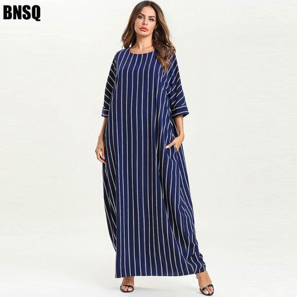 

casual dresses bnsq plus size dress dark blue striped loose sleeves pockets large robe femme oman muslim maxi islamic clothes turkey arabian, Black;gray
