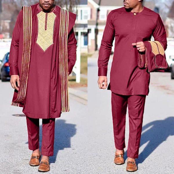 

ethnic clothing h&d african agbada suit for men embroidered robes dashiki cover shirt pants 3 pcs set boubou africain homme musulman ensembl, Red