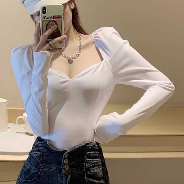 Blusa Frühling Koreanische Büro Weiße Bluse Hemd Frauen Quadrat Kragen Kurze Sexy Tops Vintage Puff Sleeve Schwarz Shirts 12605 210527