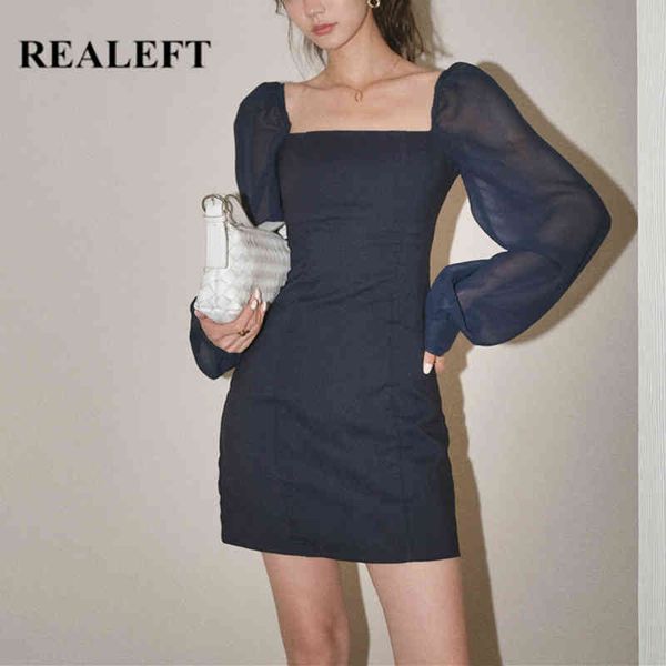 

spring backless dress square collar lantern sleeve high waist slim mini length women's party dresses female 210428, Black;gray