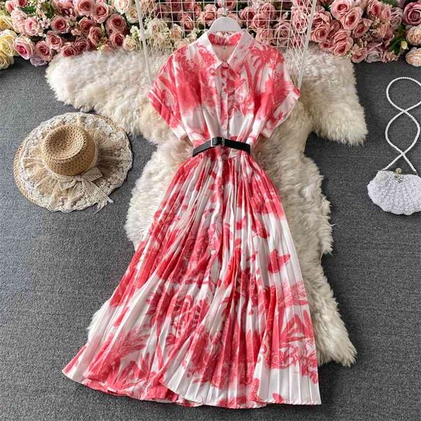 

shirt lapel chiffon pleated vestidos female summer big swing temperament beach bohemian color a-line midi dress gk675 210506, Black;gray