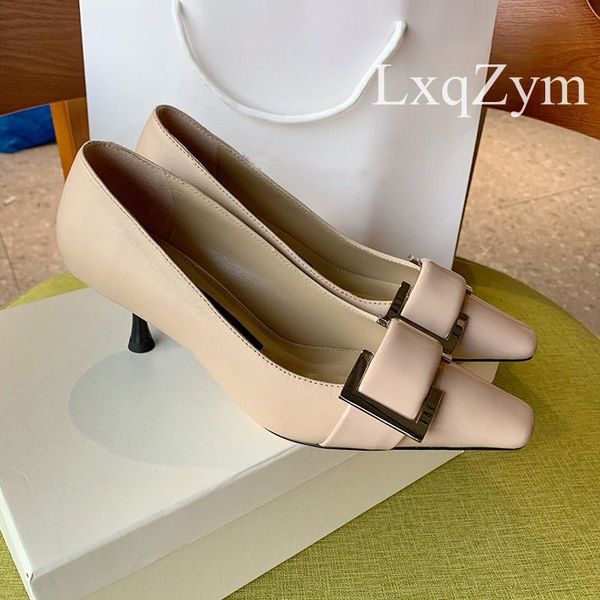 

dress shoes brand women slip on natural cow leather pumps square metal decor heels female spring autumn patchwork high, Black