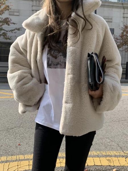 

women's fur & faux autumn winter coat women 2021 casual warm soft jacket plush overcoat pocket plus size teddy outerwear female, Black