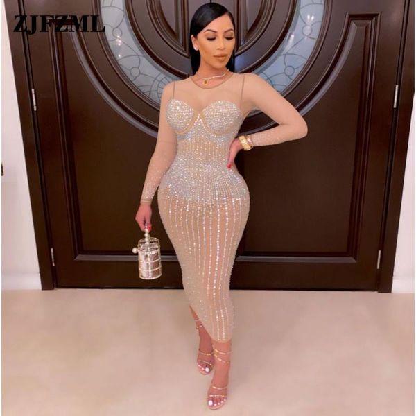 

casual dresses party midnight bodycon pencil for women sheer mesh rhinestone perspective robe elegant birthday clubwear vestidos, Black;gray
