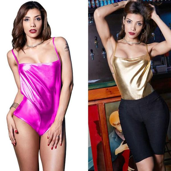 Jumpsuits Mulheres Macacões Backless Brilhante Bodysuit Metálico Moda Praça Coleira Slings Leotard Mulheres Curto Jumpsuit Sexy Nightclub Pólo D