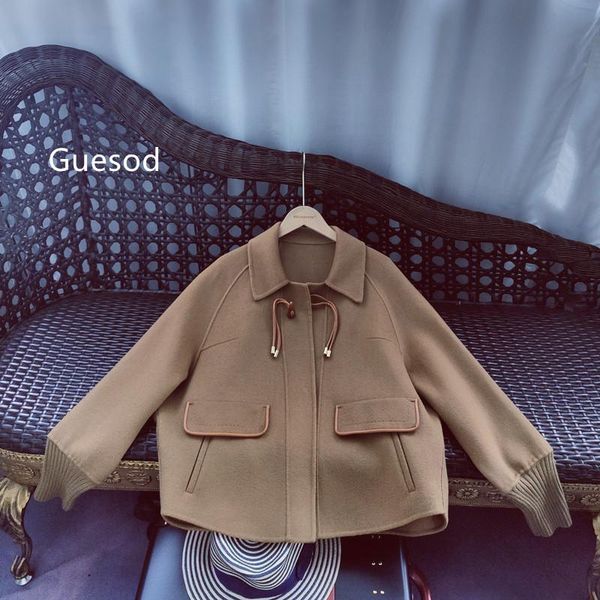 

women's wool & blends women coat 100% woolen outerwear camel cloak guesod, Black