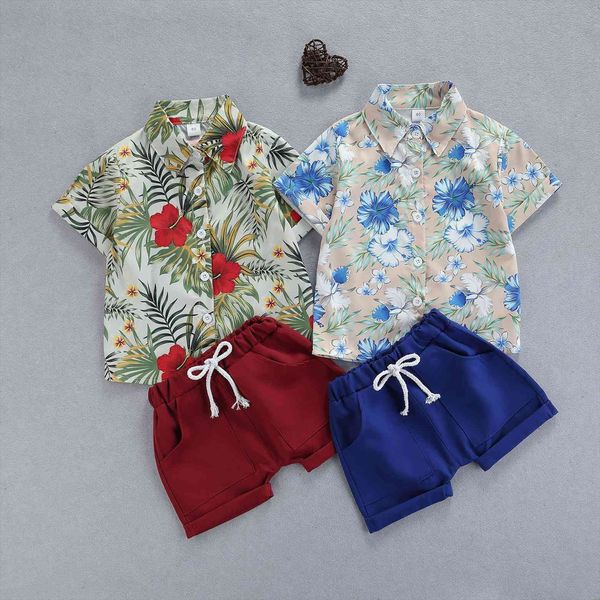 

0 3y summer casual baby boys clothes sets 2pcs flowers printed beach shirts shorts 2 colors, White