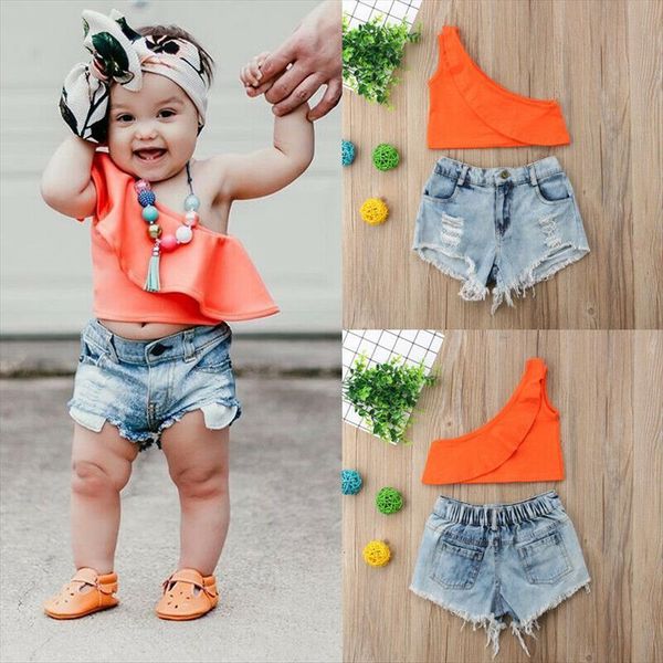 

brand kids baby girls fashion clothes set off shoulder solid crop denim shorts 2pcs outfits 1 6y, White