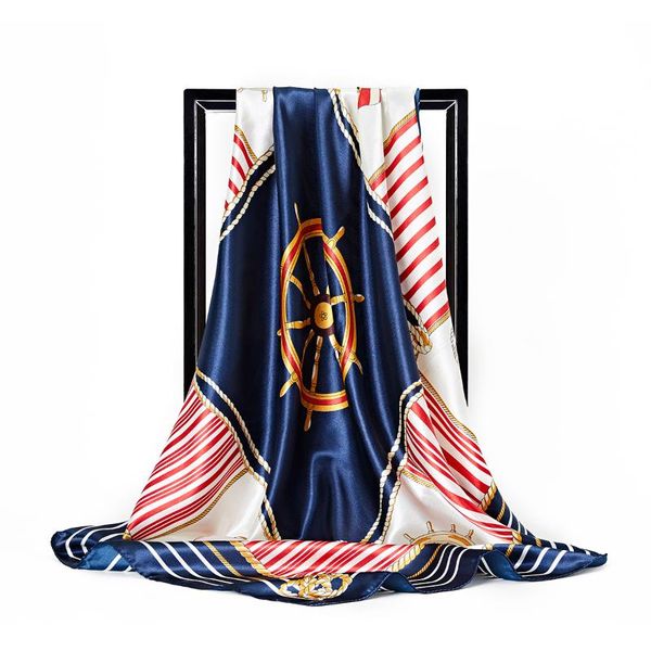 

scarves 2021 female summer sunscreen neck women 90x90cm satin beach towel fashion silk hijab scarf print square shawls, Blue;gray