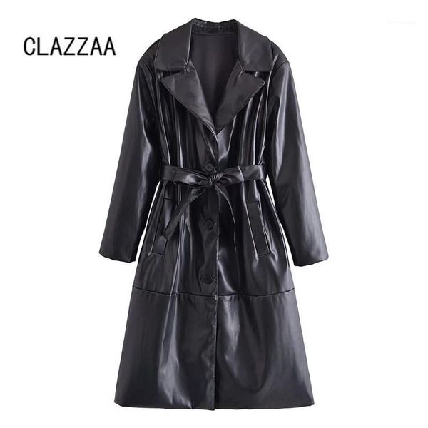 

women's trench coats clazzaa women fashion with belt pu black single breasted long coat vintage notched neck sleeve casual female outwe, Tan;black