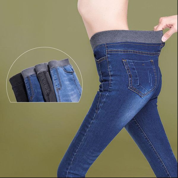 

4color black womens jeans blue gray skinny women casual high waist elastic pencil pants denim trousers plus size 38