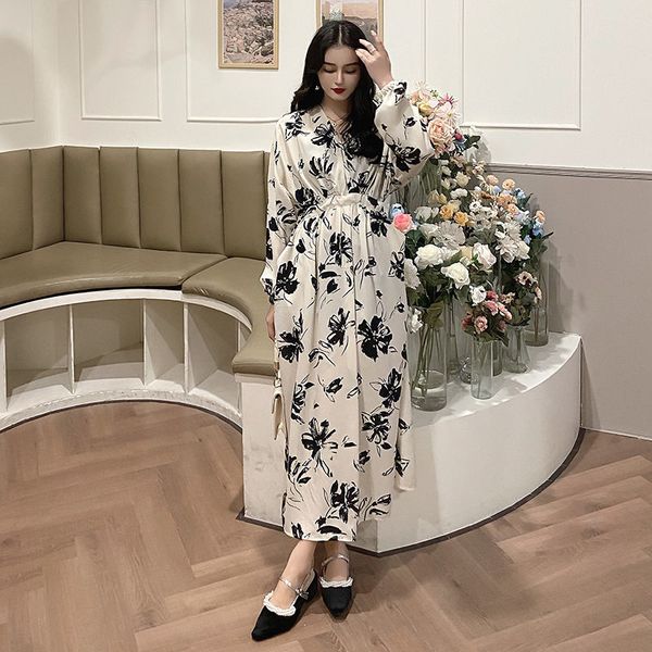 

elegant floral 2021 large female size long spring with v-neck full sleeve dress all-match loose chiccasual gowns korean zh023 upvg, Black;gray