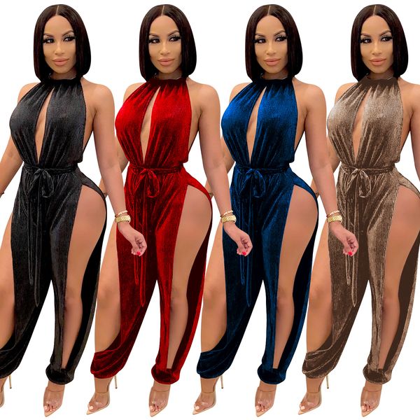 

cutubly hollow out club jumpsuits for women fashion autumn solid jumpsuit halter party rompers and jumpsuits for women, Black;white