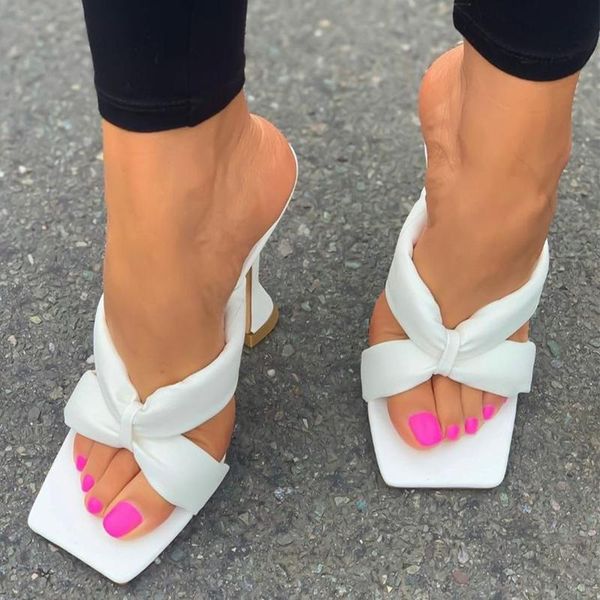 

women's knot band slippers 2021 summer woman square toe peep high heels women pu leather pumps ladies shoes female footwear, Black