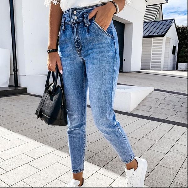 

autumn blue women jean high waist pencil jeans trousers slim button womens long trouser fashion streetwear pants female