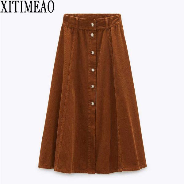 

za winter leisure style fashion high waist women corduroy skirt button decoration a-line long xitimeao 210604, Black