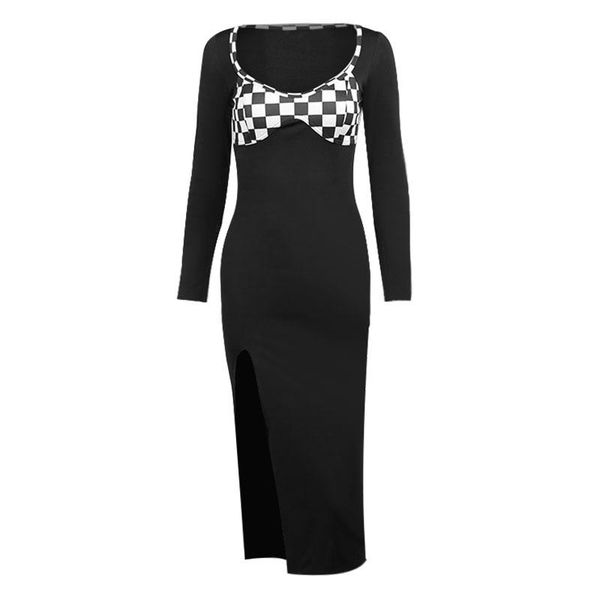 

casual dresses elegante gothic long dress women streetwear autumn plaid patchwork high waist split mall goth slim bodycon, Black;gray