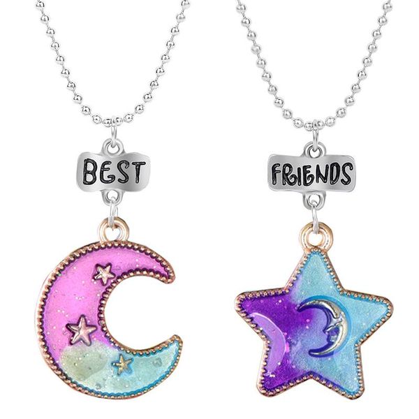 

friends moon and star pendant necklace bff couple friendship chain jewelry colorful children's gift for girl boy necklaces, Silver