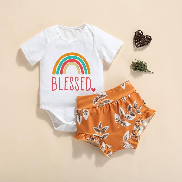 

clothing sets focusnorm summer baby girls boys clothes 3pcs rainbow printed short sleeve romper floral shorts headband 0-18m, White