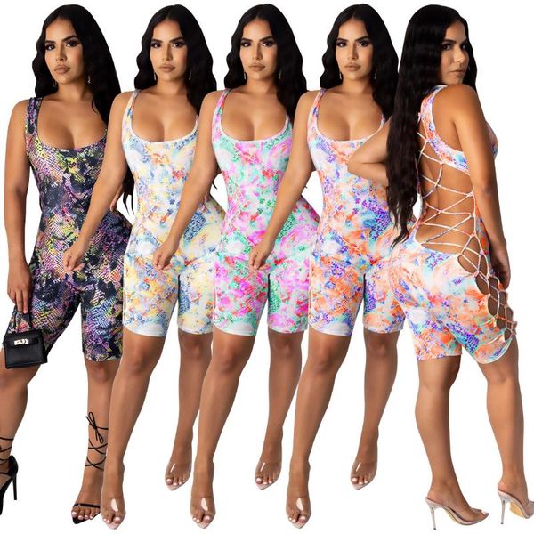 

women's jumpsuits & rompers 2021 summer jumpsuit back strap tie-dye cutout printed, Black;white